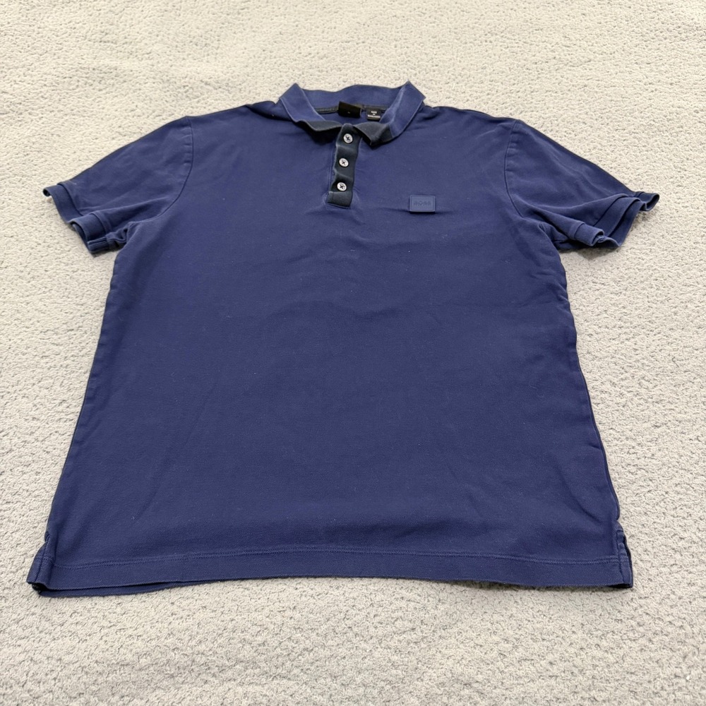 Hugo Boss Polo Shirt Mens Size M Mercerized Cotton Navy Blue Short Sleeve